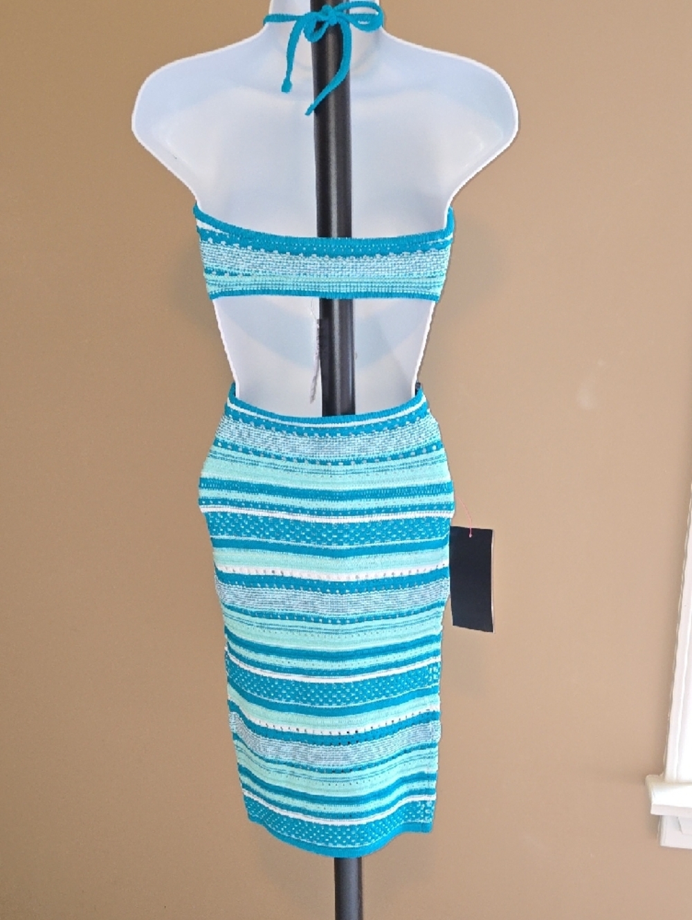 bebe Teal, Aqua & White Striped Cutout Halter Midi Dress SEXY NWT XS - Picture 6 of 9